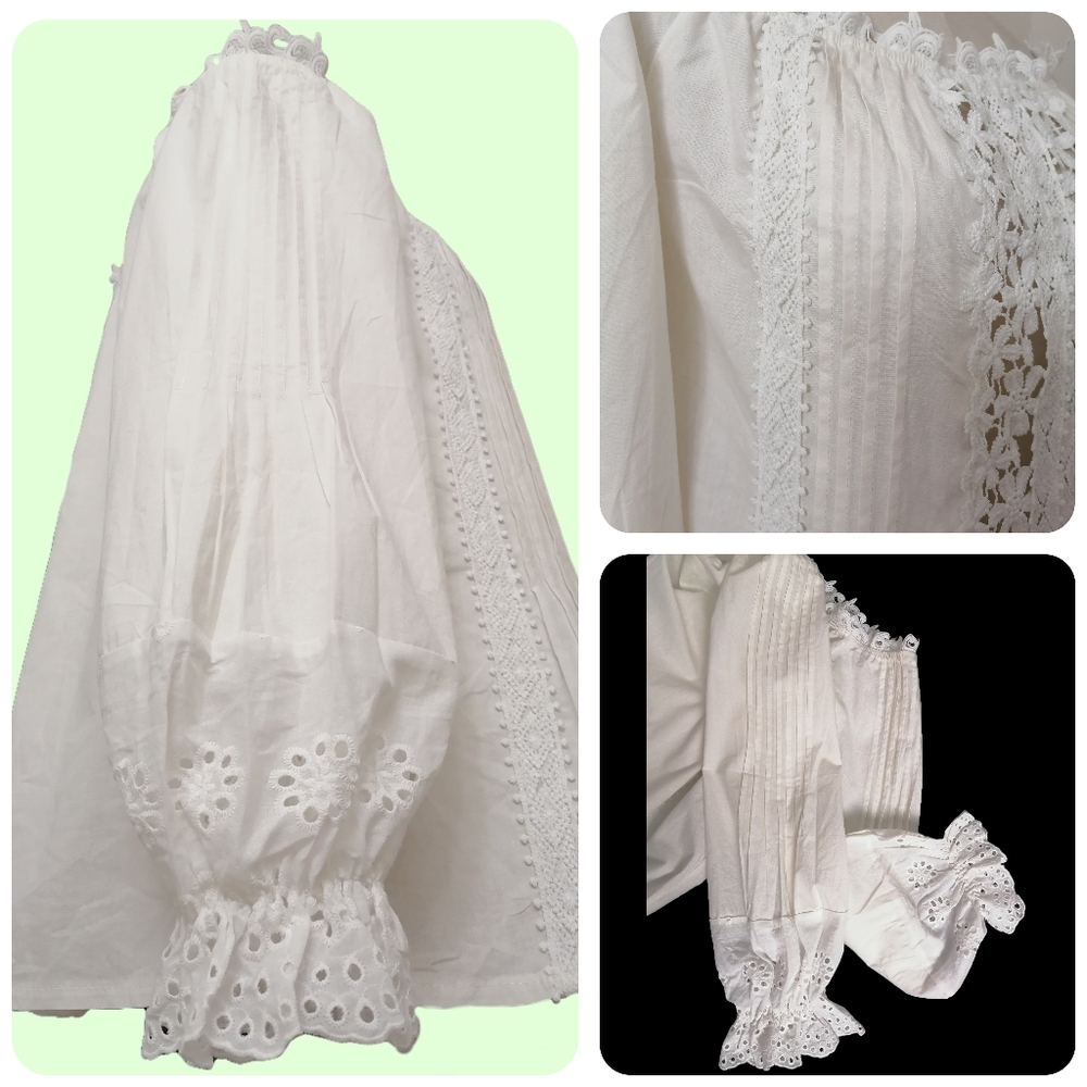 - 🐰 fits:M/L,  cotton blend hollow lace white long-sleeved shirt - Picture 5 of 5